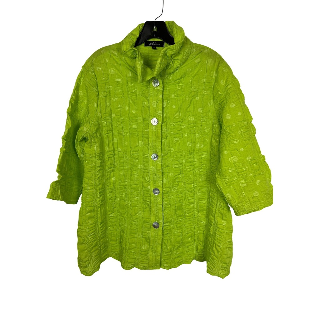 Yushi Maximalist Lime Green Crinkle Avant Garde Polka Dot Button Up Shirt Medium